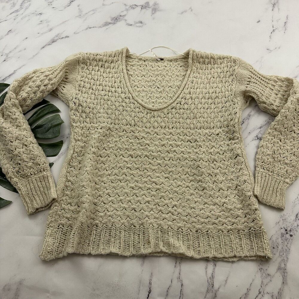 Free People Crashing Waves Pullover Sweater Size S Cream Wool Blend Open Knit